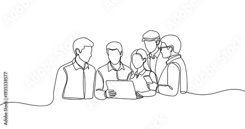 Collaborative team meeting sketch with diverse adults engaged in discussion. No editable stroke