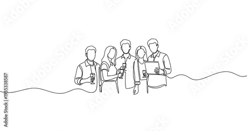 Line art of diverse young adults celebrating with drinks. No editable stroke