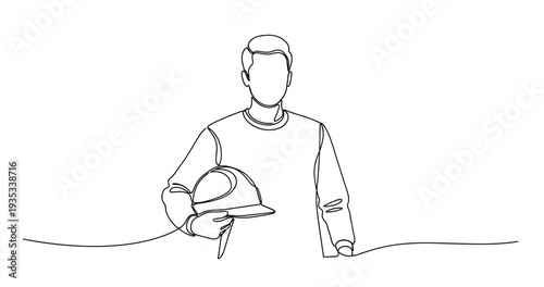 Line drawing of adult caucasian male holding construction helmet. No editable stroke