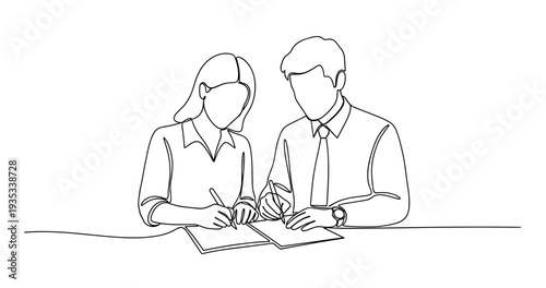 Line art drawing of young caucasian male and female collaborating on papers. No editable stroke
