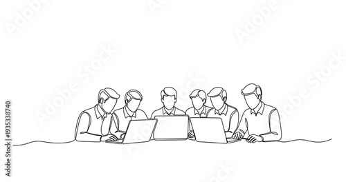 Line drawing of six male figures at laptops, collaborative workspace. No editable stroke