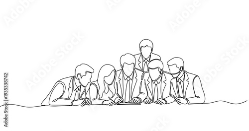 Team collaboration: group of adults in discussion outline art. No editable stroke
