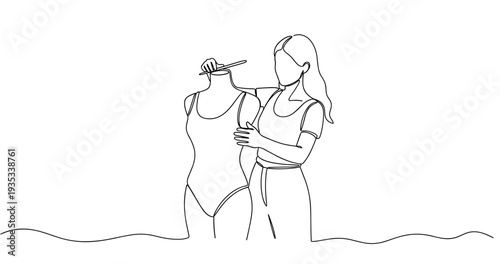 Continuous line drawing of female artist sculpting mannequin bust. No editable stroke