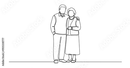 Elderly couple embracing line art illustration. No editable stroke