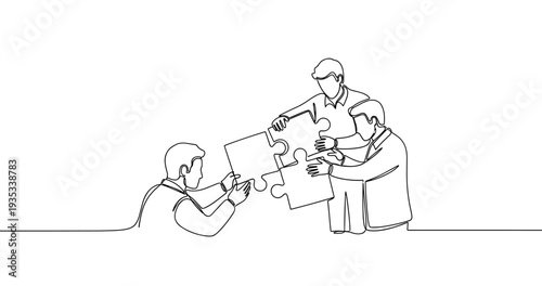 Teamwork and collaboration concept with people assembling puzzle pieces. No editable stroke