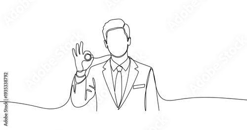 Continuous line drawing of male businessperson gesturing ok sign. No editable stroke
