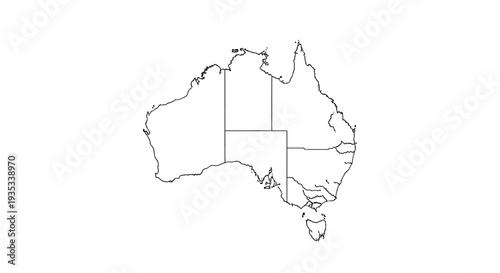 Detailed Outline Map of Australia with States and Territories on Isolated White Background