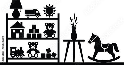 Children toys shelf silhouette scene, nursery room interior with teddy bear rocking horse vector illustration isolated on white