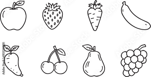 Black and white line art icon set of fruits and vegetables including apple strawberry carrot banana pear grapes and cherries illustration