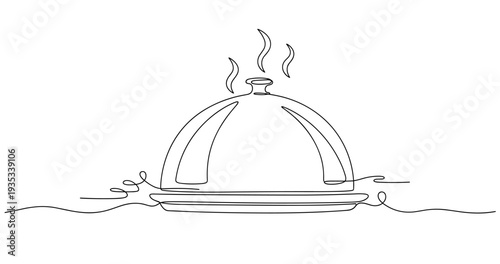 Minimalistic line drawing of cloche with steam on serving plate. None editable stroke
