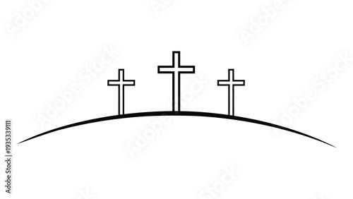 three crosses on hill minimal line art christian faith easter crucifixion religious symbol outline vector illustration isolated