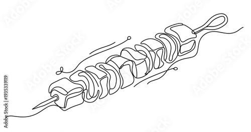 Black and white abstract line art of skewered food. None editable stroke