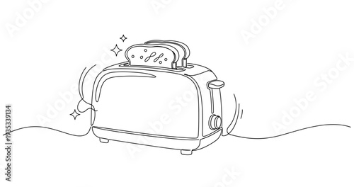 Cartoon toaster with toast slices and sparkles in motion. None editable stroke