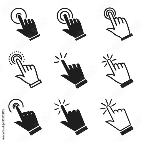 A collection of black cursor icons depicting various pointing styles and hand gestures a simple silhouette high quality professional detailed modern
