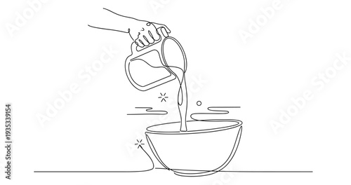 Minimalistic line drawing: hand pouring milk into bowl. None editable stroke