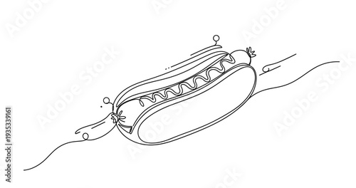 Minimalist line drawing of a hot dog with mustard on white background. None editable stroke