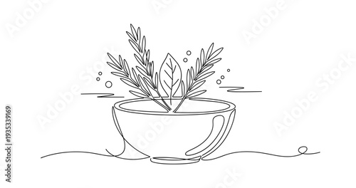 Minimalist line art of herbal tea in cup with leaves and bubbles. None editable stroke
