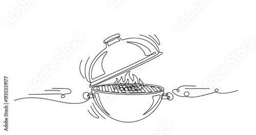 Minimalist line art of outdoor grill with open lid and flames. None editable stroke