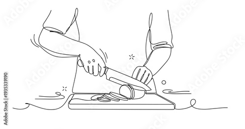 One-line drawing: person slicing vegetables with knife on cutting board. None editable stroke