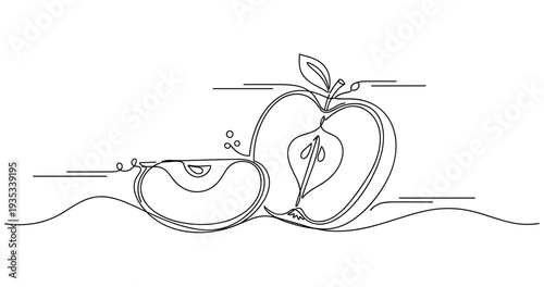 Minimalist continuous line drawing of apple and peach. None editable stroke