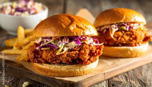 Crispy Chicken Sandwiches with Coleslaw and Fries.