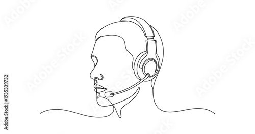 Continuous line drawing of male customer service representative with headset. no editable stroke
