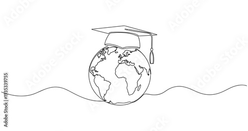 Global education concept: earth wearing graduation cap in continuous line art. no editable stroke
