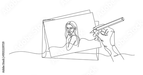Line art portrait drawing of young caucasian female by hand. no editable stroke
