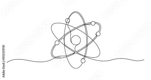 Outline of atomic structure with orbiting electrons represented in continuous line art. no editable stroke