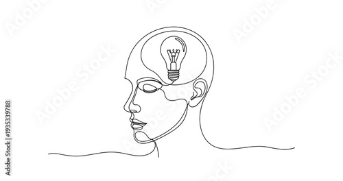 Minimalist line art of human face with lightbulb conceptualizing ideas. no editable stroke