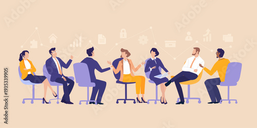 Strategic Team Meeting. Business people engage in focused discussion during a meeting, collaborating to analyze problems and develop practical solutions together.
