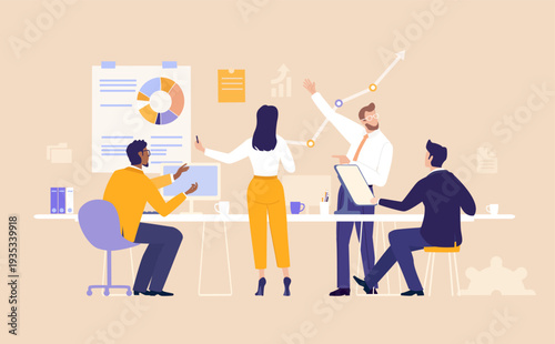 Strategic Team Meeting. Business people engage in focused discussion during a meeting, collaborating to analyze problems and develop practical solutions together.