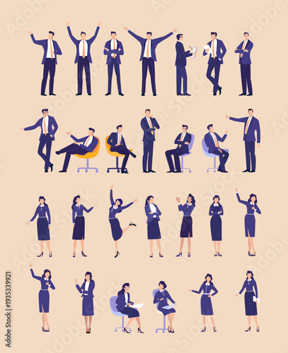 Vector illustration set of businessman and businesswoman in various poses, representing professional roles, communication, leadership, presentation, teamwork, confidence, and modern corporate lifestyl