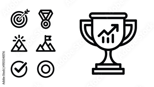Achievement and Success Vector Icon Set Featuring Trophy, Target, Medal and Growth Chart Symbols in Modern Minimal Line Style for Business Goals and Performance Analytics