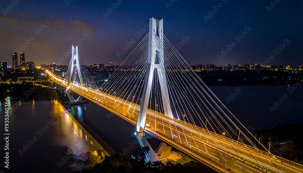 Fototapeta premium Illuminated bridge spans water at night, connecting city skyline in the distance with blurred streaks of traffic