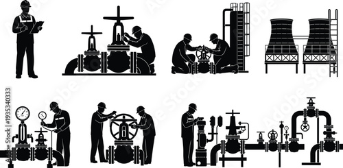 Oil and Gas Pipeline Maintenance Silhouette Set, Industrial Workers Repairing Valves, Refinery Engineers, Cooling Towers,