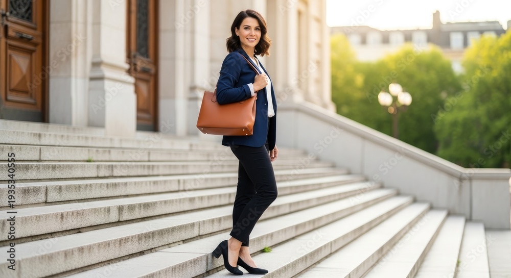 Obraz premium A smiling woman stands on a set of stone stairs, holding a brown leather tote bag. She is wearing a navy blue blazer, a white shirt, black pants, and black heels.