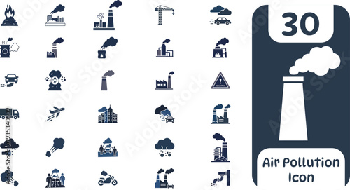 Illustration of set of blue air pollution icons and a large factory chimney icon with the number 30
