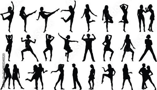 Large set of black silhouettes featuring men and women in various active poses dancing stretching and standing for lifestyle designLarge set of black silhouettes featuring men and women in various 