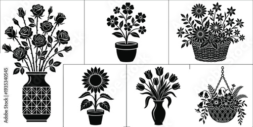 Floral bouquet and potted plants silhouette set, decorative flower arrangements vector illustration isolated on white background collection