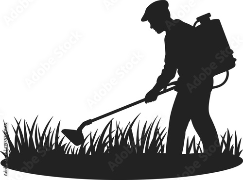Gardener cutting grass with trimmer silhouette, lawn care worker vector illustration isolated on white background design