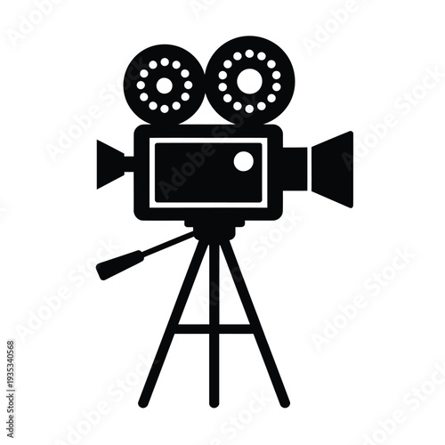 A black silhouette of a vintage film camera on a tripod
