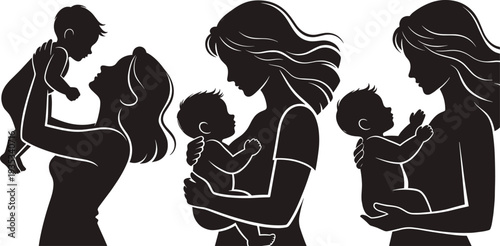 Mother and baby silhouette set representing motherhood maternal love newborn care parenting family bond childcare woman holding infant and tender moments.