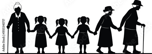 Grandparents and grandchildren holding hands silhouette, family generation unity vector illustration isolated on white background concept