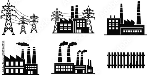 ndustrial Factory and Power Plant Icon Set, Electricity Pylons, Manufacturing Building Silhouette, Energy Productio