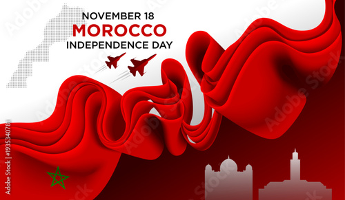 Morocco Independence Day Celebration Background with National Flag, Jet Fighters, and City Silhouette