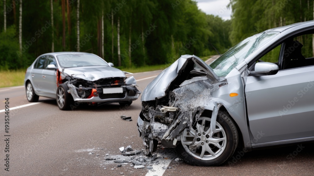 Fototapeta premium Collision between two vehicles on a summer day with damaged car off to the side against green trees and a black backdrop
