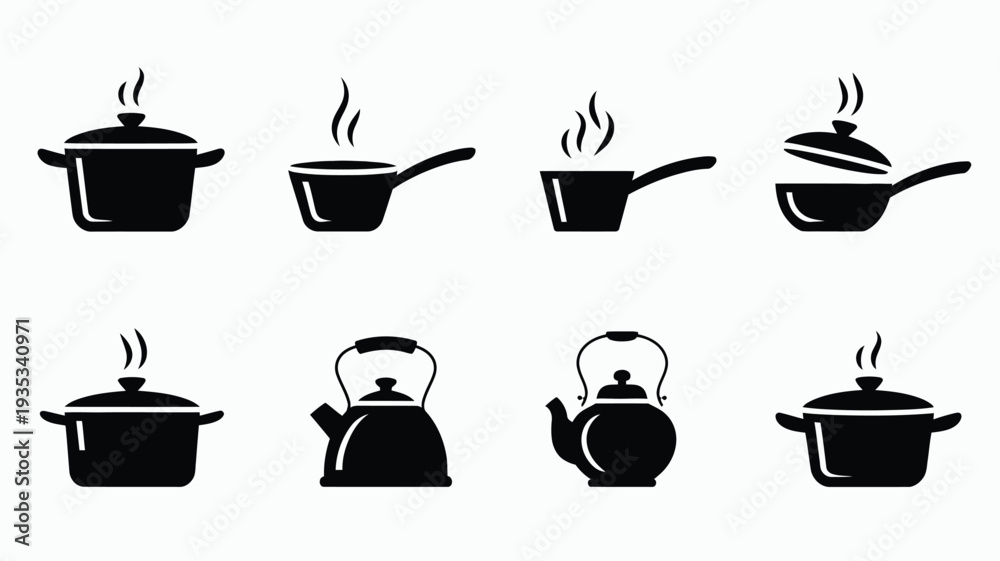 Obraz premium Kitchen Cookware Icons – Pots with Steam, Various Styles