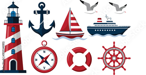 Nautical vector set with lighthouse, anchor, sailboat, cruise ship, compass and lifebuoy icons, maritime sea travel symbols for marine design