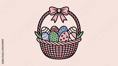 Coquette easter basket with colorful eggs and pink bow on pastel background for spring decoration